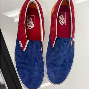 Vans Blue and Red Corduroy Slip-On Sneakers